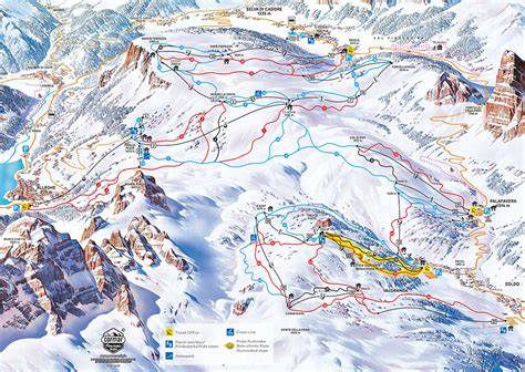 Schema della mappa delle piste di Alleghe con evidenziati il lago, la cabinovia e i Piani di Pezzè