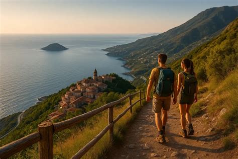 Coppia che passeggia in un sentiero fiorito del Monte Costa