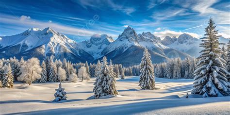 Panorama montano invernale con neve fresca e alberi coperti di neve