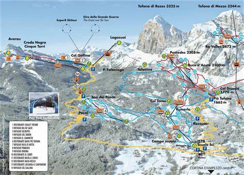 Mappa del comprensorio sciistico delle Tofane con l'indicazione dei tracciati delle funivie e delle piste