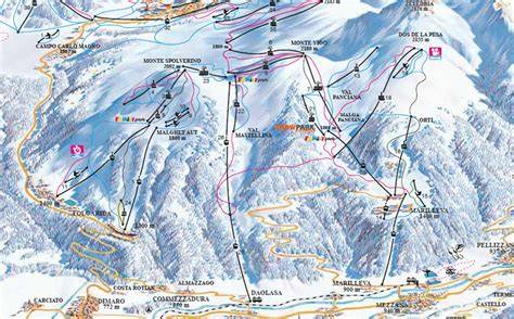 Skimap del comprensorio sciistico Folgarida Marilleva con evidenziati i punti di accesso e i collegamenti