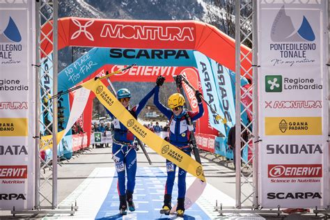Podio maschile e femminile di una precedente edizione dell'Adamello Ski Raid con atleti premiati.