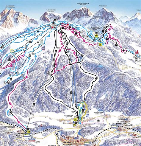 Mappa della località sciistica di Brunico con evidenziati i punti di interesse e i noleggi sci