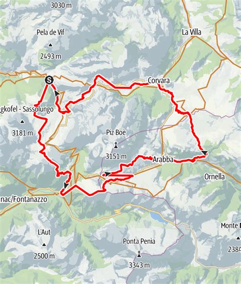 Mappa dettagliata del percorso Sellaronda MTB Tour in senso orario