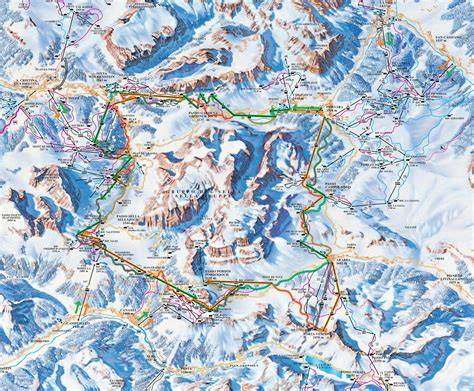 Sciatore su una pista panoramica del Sellaronda con le cime dolomitiche sullo sfondo