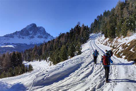 Coppia che cammina con le ciaspole su un sentiero innevato