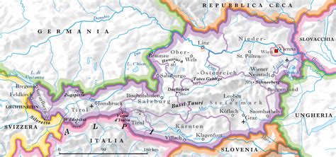Mappa che mostra il punto di confine tra Austria, Italia e Slovenia presso il Dreiländereck.