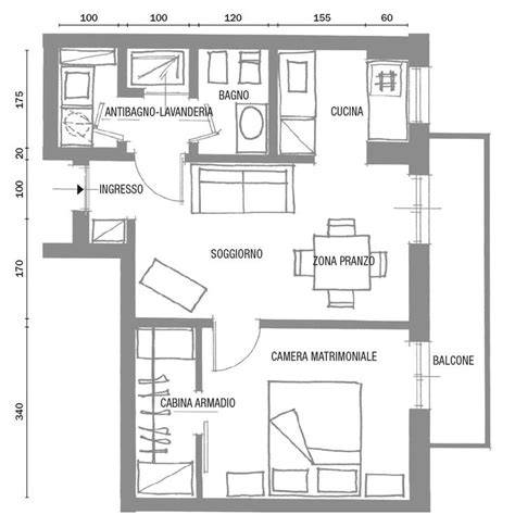 Disposizione interna di un bilocale con zona giorno e camera da letto