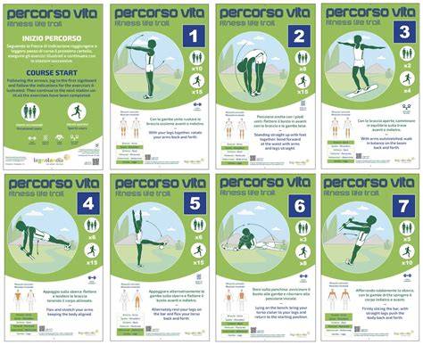 Esempi di diverse stazioni per un percorso vita: palo stretching, trave obliqua, parallele