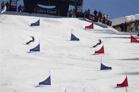 Una discesa di snowboard nello slalom gigante parallelo, con atleti impegnati in una gara veloce e tecnica.