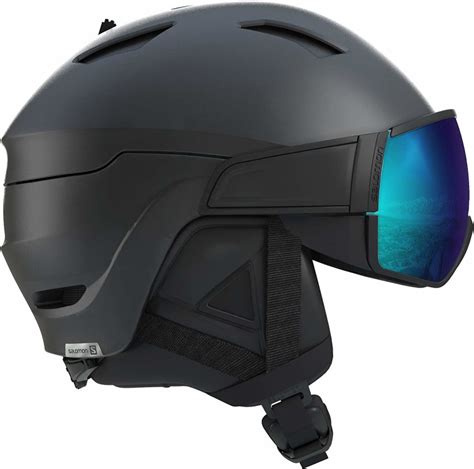 Illustrazione di un casco da sci con visiera integrata e diverse opzioni di lenti.