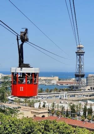 Cabine rosse e bianche della Teleferica di Montjuïc che sorvolano la città di Barcellona