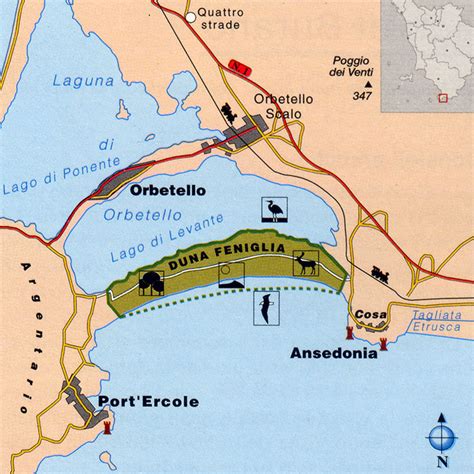 Vista aerea che mostra i tre tomboli dell'Argentario: Giannella, Orbetello e Feniglia