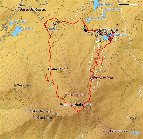 Mappa topografica del percorso attorno al Monte La Nuda e Passo del Cerreto