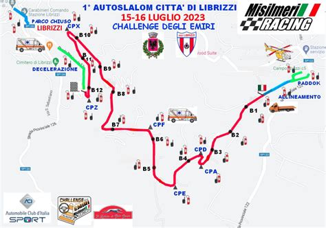 Mappa del tracciato dello Slalom Città di Librizzi con indicazione di start, arrivo e paddock.