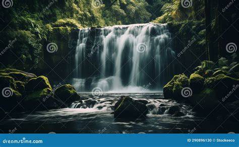 Panoramica di una cascata imponente in un ambiente boscoso