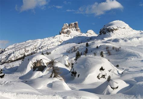 Panorama invernale delle Dolomiti dal Passo Falzarego con vette innevate e cielo azzurro