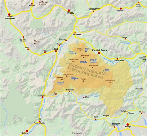 Mappa schematica delle Dolomiti con evidenziati alcuni dei percorsi per ciaspolate menzionati