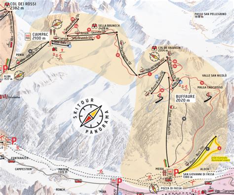 Mappa delle piste dell'area sciistica Alba-Ciampac con indicazione dei dislivelli