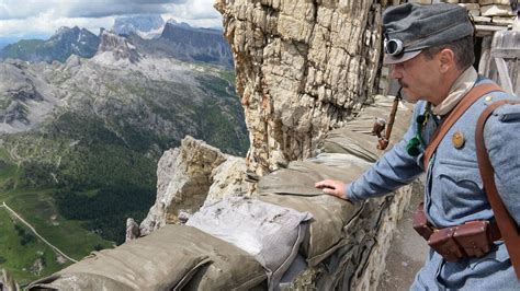 Ruin of an Italian WWI artillery post in the Dolomites, covered in snow