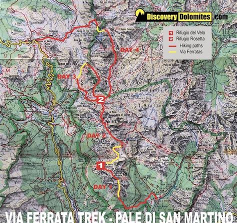 Map of the Mulàz area showing ascent and descent routes near Pale di San Martino