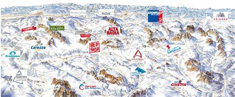 Mappa interattiva del comprensorio sciistico Dolomiti Superski con indicazione degli hotel sulle piste