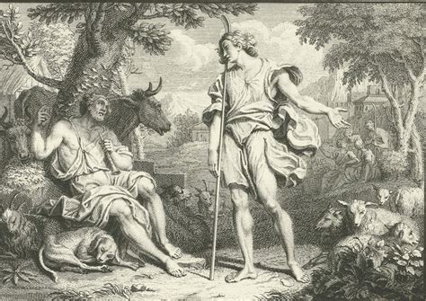Illustrazione stilizzata dei pastori Titiro e Melibeo con pecore e paesaggio bucolico