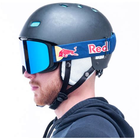 Illustrazione che mostra l'integrazione di una maschera Red Bull Spect con un casco da sci