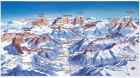 Vista panoramica di Pozza di Fassa con piste da sci innevate