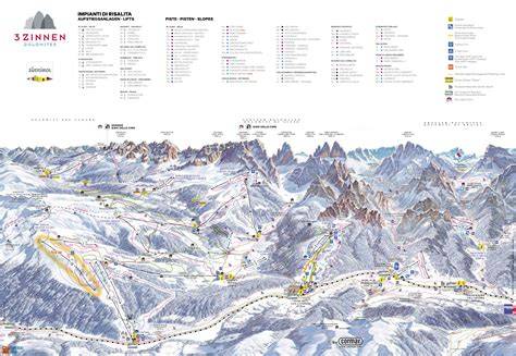Mappa del comprensorio sciistico Tre Cime Dolomiti con indicazione delle piste e degli impianti di risalita.