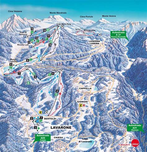 Mappa delle piste da sci dell'Alpe Cimbra, evidenziando i collegamenti tra Folgaria, Lavarone e Luserna.