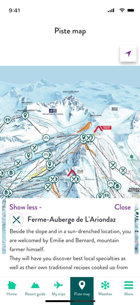 Screenshot dell'interfaccia dell'app Slopes che mostra mappe di piste e statistiche di attività.