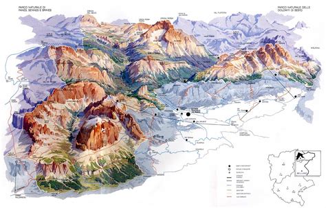 Mappa delle Dolomiti con i principali comprensori sciistici