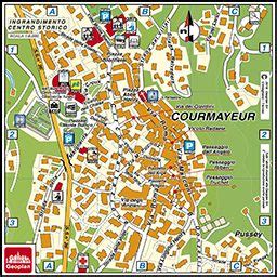 Mappa di Courmayeur con evidenziati i luoghi degli eventi