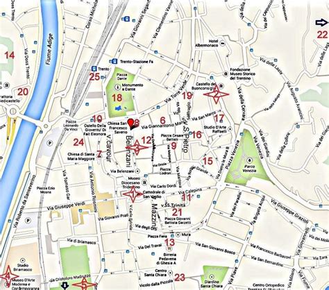 Mappa del centro storico di Trento con i punti salienti del tour