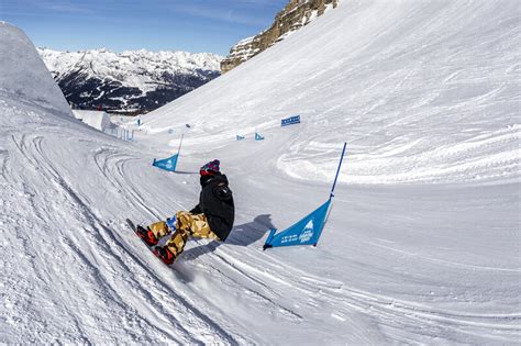 Panoramica di uno snowpark con diverse strutture come rail, box e kicker.