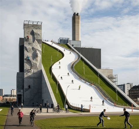vista aerea del CopenHill di Copenhagen, pista da sci sul tetto di un inceneritore