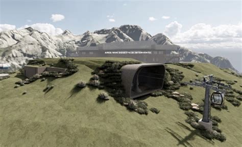 Rendering della nuova cabinovia a 10 posti Prà Rodont - Doss del Sabion, che si integra nel paesaggio dolomitico.