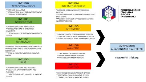 Schema che illustra i diversi livelli di sciatori, da principiante a esperto, con relative capacità tecniche.