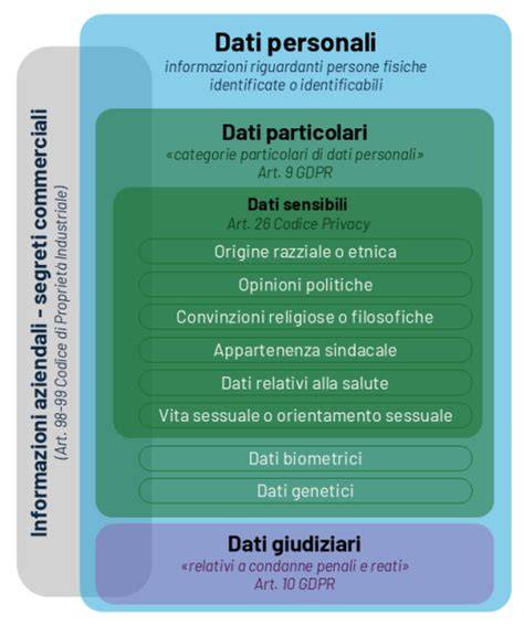 Schema che illustra le diverse categorie di dati raccolti da un sito web, con enfasi sui dati di utilizzo e personali.