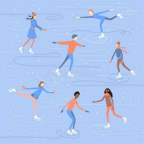 Illustrazione di una pista di pattinaggio su ghiaccio all'aperto con persone che pattinano.