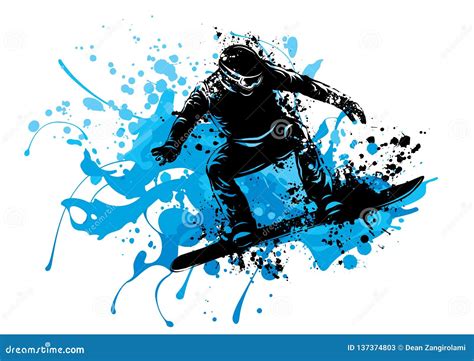 Illustrazione stilizzata di un snowboarder che esegue un salto con sfondo montano innevato