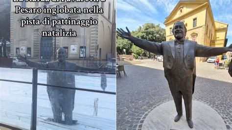 Illustrazione della statua di Pavarotti parzialmente sommersa dal ghiaccio della pista di pattinaggio