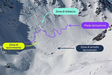 Schema di una valanga con zona di distacco, percorso e zona di accumulo.