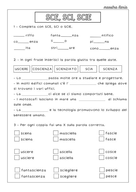 Foglio di esercizi con parole SCI e SCE