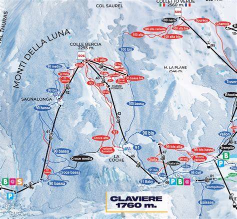 Mappa stilizzata delle piste di Claviere con evidenziate le piste principali