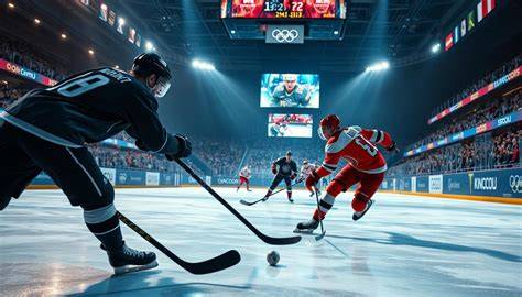 giocatori di hockey su ghiaccio in azione durante una partita, con pubblico sugli spalti