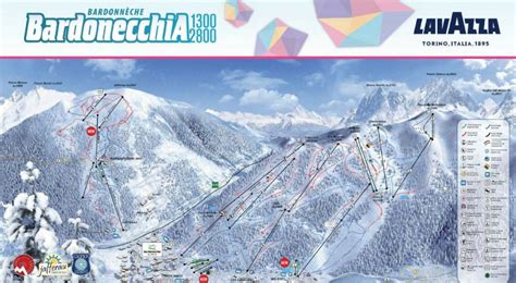 Mappa del comprensorio sciistico di Bardonecchia con evidenziate le aree sciabili e i collegamenti