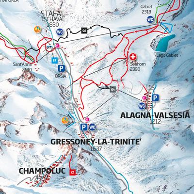 Mappa delle piste e degli impianti di Monterosa Ski, evidenziando le diverse aree e le principali piste.