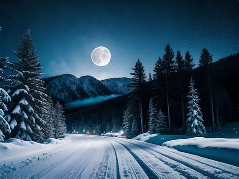 panorama notturno innevato con luna piena